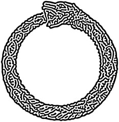 Intricate black and white ouroboros illustration featuring a snake eating its tail. Detailed line work and abstract patterns. Ideal for tattoos, mystical art, or symbolic designs