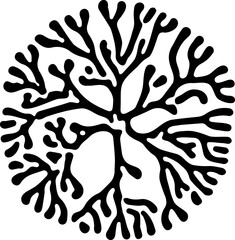 Abstract black and white tree of life design with branching patterns in a circular form. Ideal for tattoos, logos, prints, or decorative artwork projects
