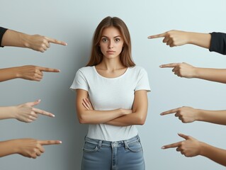 Woman surrounded by pointing hands in a room, conveying judgment and scrutiny from others