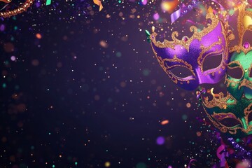  festive Mardi Gras masquerade scene with elegant purple, gold, and green masks adorned with glitter and beads. A perfect representation of the vibrant carnival celebration, mystery, and joy of the ev