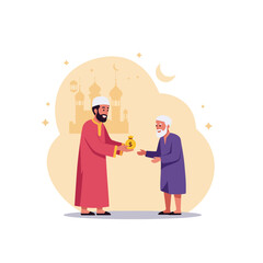 Man Giving Money Bag to Senior Man During Islamic Holiday