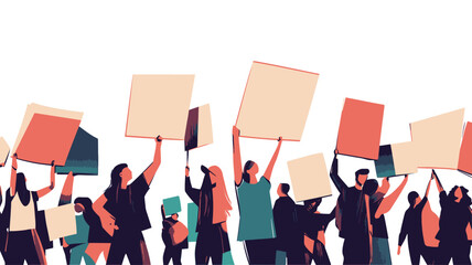 The image is a stylized illustration depicting a large group of people participating in a protest.  The figures are simplified, almost silhouette-like, in various colors and are holding rectangular