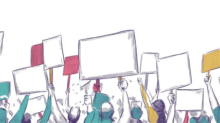 The image is a stylized illustration depicting a large crowd of people holding blank signs aloft. The style is loose and sketchy, with muted pastel colors predominating in teal, purple, pink, and