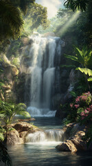 Serene waterfall cascading through lush tropical foliage.