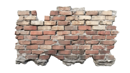 Old, damaged brick wall section isolated on a transparent background, perfect for urban-themed architectural projects and designs