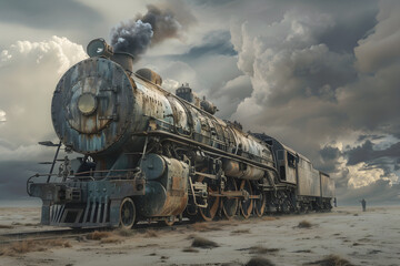 Naklejka premium Mighty Steam Locomotive in a Vast Landscape Reflecting Industrial Scale