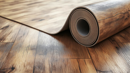 Linoleum. Three rolls of linoleum on a white background. Floor coverings for home use. Linoleum design in the form of boards.