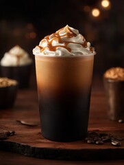 A delicious iced coffee topped with whipped cream and caramel drizzle, set against a warm, rustic background featuring coffee beans and decorative elements, Ideal for menu designs, cafe promotions