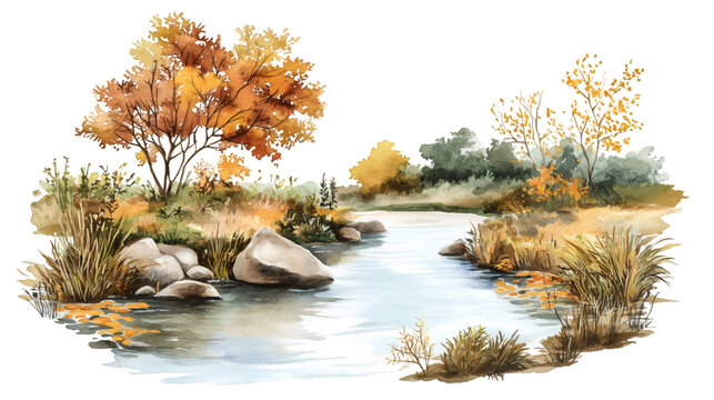 Watercolor painting depicting a tranquil autumn scene with a gently flowing river and vibrant foliage, perfect for nature projects