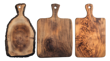 Set of three different wooden cutting boards isolated on transparent background, ideal for food photography