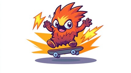 Cartoon Monster Enjoying Skateboarding With Electric Bursting Energy