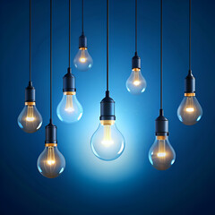 Light Bulbs Hanging on Blue Background. Inspiration and Creativity