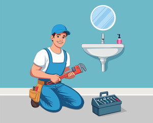 Smiling plumber repairing a sink pipe with a wrench in a bathroom. Professional plumbing service concept with tools and equipment. Home maintenance and repair illustration.