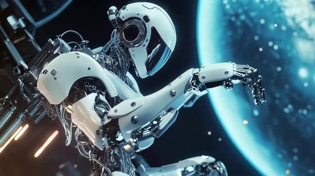 Advanced humanoid robot with metallic body and glowing eyes exploring space near a blue planet, showcasing artificial intelligence and futuristic technology