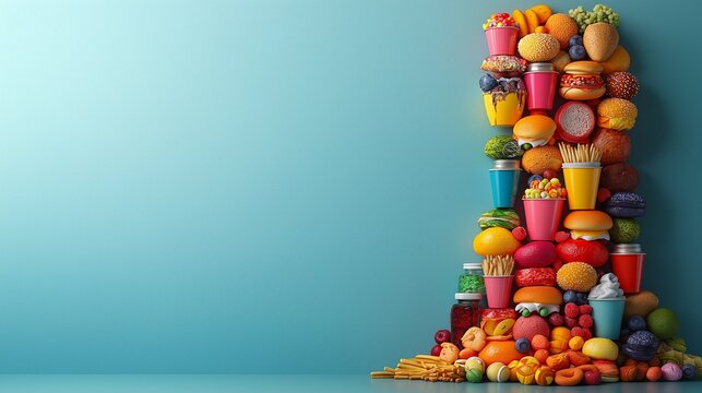 A conceptual food composition featuring a towering stack of fast food and healthy food against a minimalist background. The visual contrast highlights nutrition choices and dietary habits