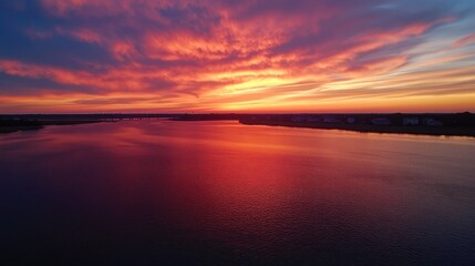 Aerial Sunset over Calm River