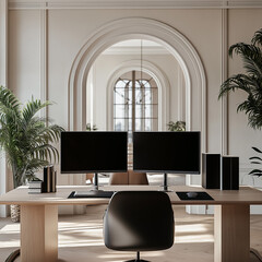 Modern minimalist workspace with two computer monitors.