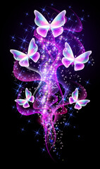 Fantastic butterflies and magical curving transparent waves with glowing stars on night dark background