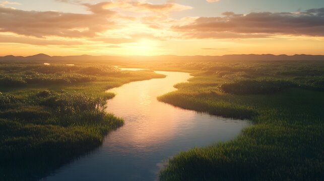 Stunning panoramic view of a breathtaking sunset landscape with a winding river flowing through a lush meadow surrounded by towering mountains that reflect in the serene