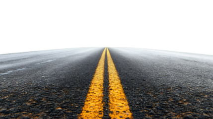 Long asphalt road with yellow dividing lines disappearing into the horizon on a transparent background