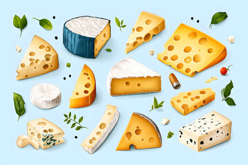 Hand drawn watercolor different kinds of cheese pieces bundle isolated on white background