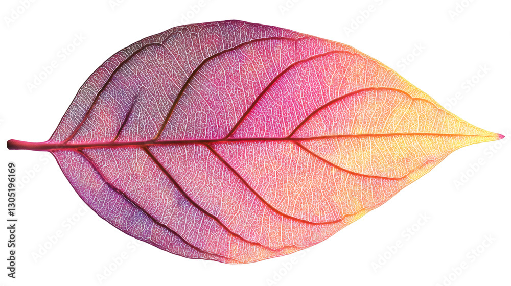 Poster delicate pink leaf displaying intricate venation pattern, transparent backdrop highlighting botanica