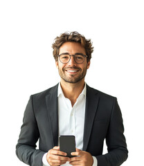 Young businessman with smartphone isolated on transparent background png