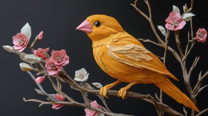 Colorful Paper Bird on Branch with Blossoms in Artistic Display