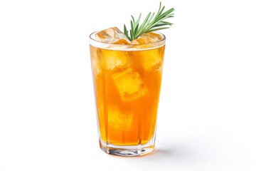 Iced Tea Refreshment Served in Glass with Rosemary Garnish on White