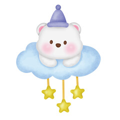 Cute Bear on Cloud with Stars Illustration