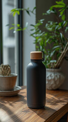 Stylish black water bottle with wooden top sits on a wooden table near a window.
