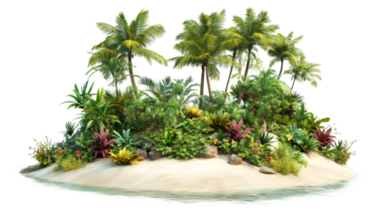 Lush vegetation with colorful plants and palm trees growing on a small tropical island with transparent background