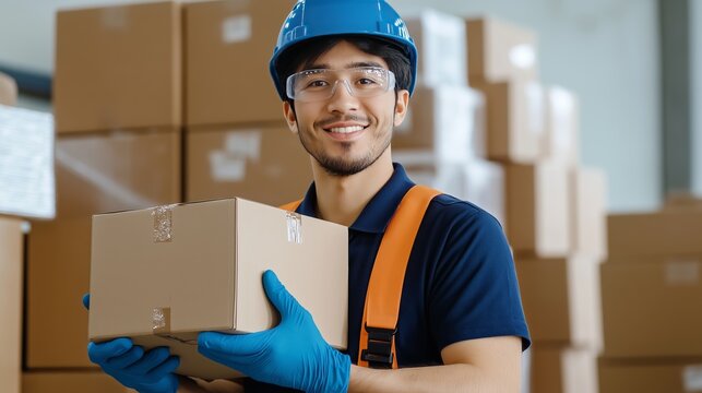 A smiling male warehouse worker wearing a blue hard hat, safety glasses, and gloves, holding a cardboard box in a storage facility filled with packed goods