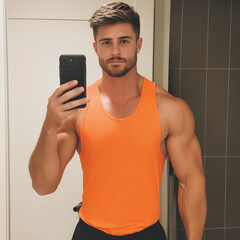 Handsome young man taking a selfie in a bathroom mirror.