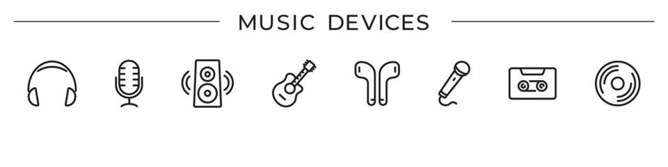 Naklejka premium Music device icons set. Headphones, microphone, guitar, record, earphones. Vector.
