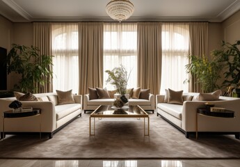 Fototapeta premium Elegant Living Room With Light Cream Sofas And Lush Green Plants Under Soft Natural Light And
