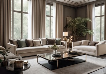 Fototapeta premium Elegant Living Room with Neutral Colors and Soft Natural Light Through Large Windows. Description