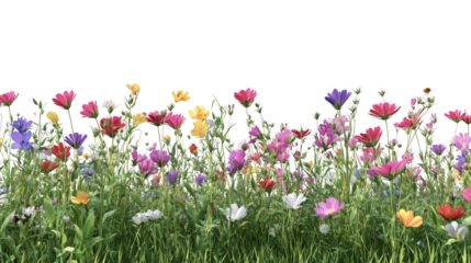 Wide shot of a colorful wildflower meadow growing against a transparent background, perfect for nature and spring themed projects