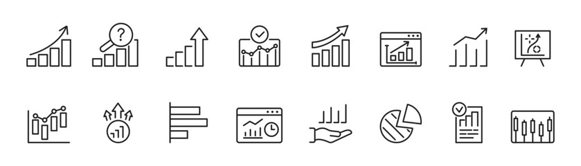Statistics line icon set. Analysis, chart, graphics, prediction, pie charts. Vector