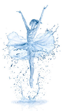 Beautiful dancing ballerina with water splashing around her silhouette, isolated on white background