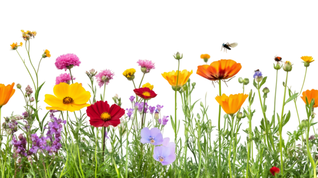 Colorful wildflowers attracting pollinators, blooming across meadow landscape with soft white background