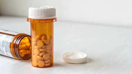 Amber Pill Bottle with Tablets on White Background