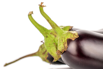 Three ripe dark blue eggplants, close-up, isolated on white.