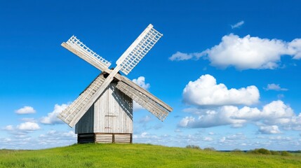 Charming Wooden Windmill under Bright Blue Sky with Fluffy Clouds