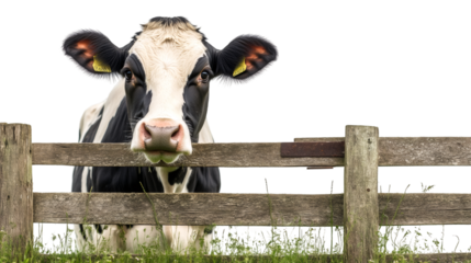 Curious cow standing on green grass and looking over weathered wooden fence on a transparent background