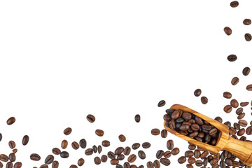 coffee beans with wooden spoon isolated on white or transparent png