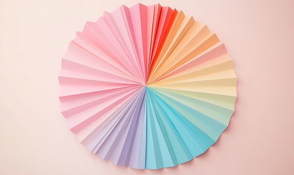 Pastel color samples pallet on light background. Designer's color fan with various hues in a circular array. Paper color swatches in a circular fan, ideal for design color palette ,

