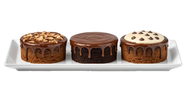 Three Varieties of Brownie Cake with Melted Chocolate on White, Moist and Chocolatey Delight, PNG Transparent