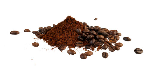 pile of coffee powder and beans isolated on white or transparent png