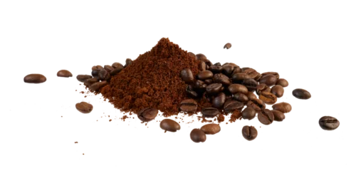 Acrylglasbilder Kaffee Bar pile of coffee powder and beans isolated on white or transparent png  © David Kreuzberg